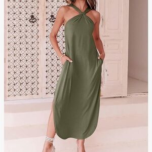 NWT Elegant Olive Green Halter Maxi Dress